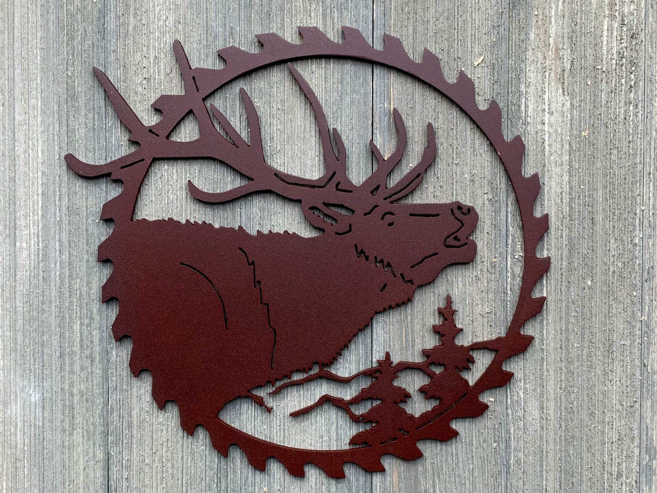 Elk Sawblade Metal Sign Cutout - Bring the Beauty of Elk into Your Home: Powder Coated Metal Sign Of an Elk Bugling Within a Sawblade Border
