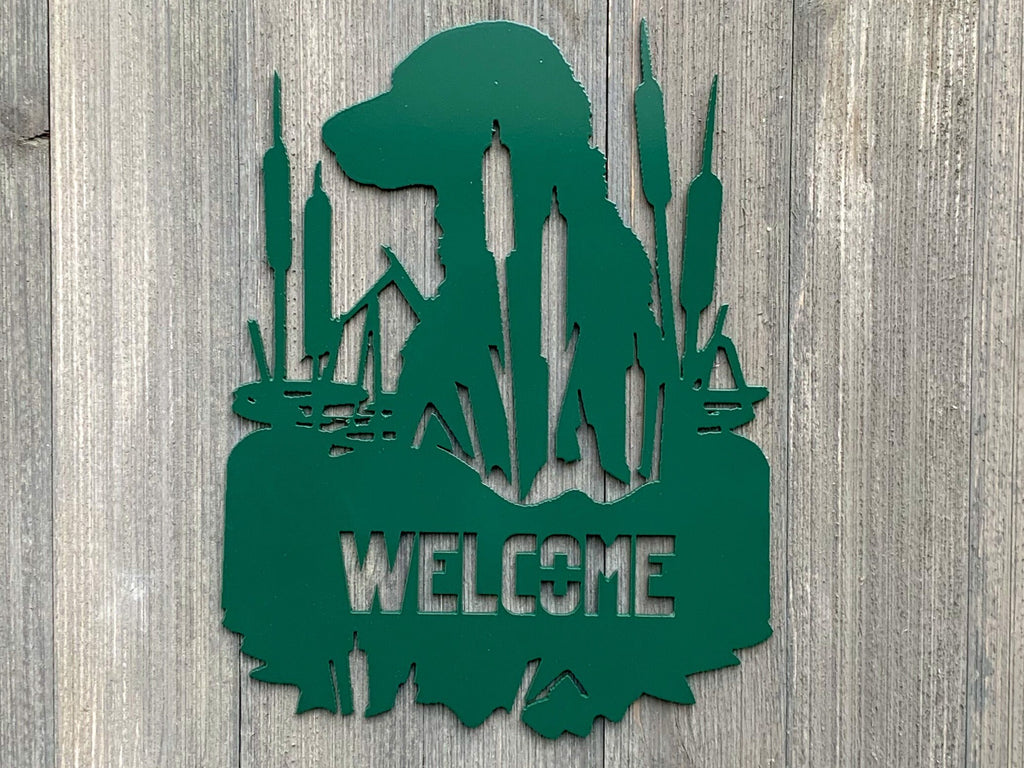Welcome - Lab Metal Sign Cutout - Hunting Cabin Welcome Sign - Powder Coated Metal - Lab and Cat Tails