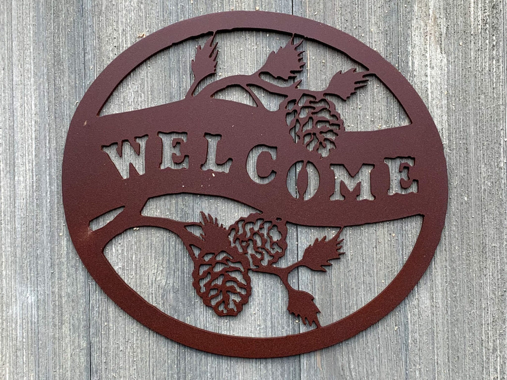 Welcome- Pinecone Metal Sign Cutout - Welcome to the Woods Powder Coated Metal Wall Art - Nature Inspired Home Decor