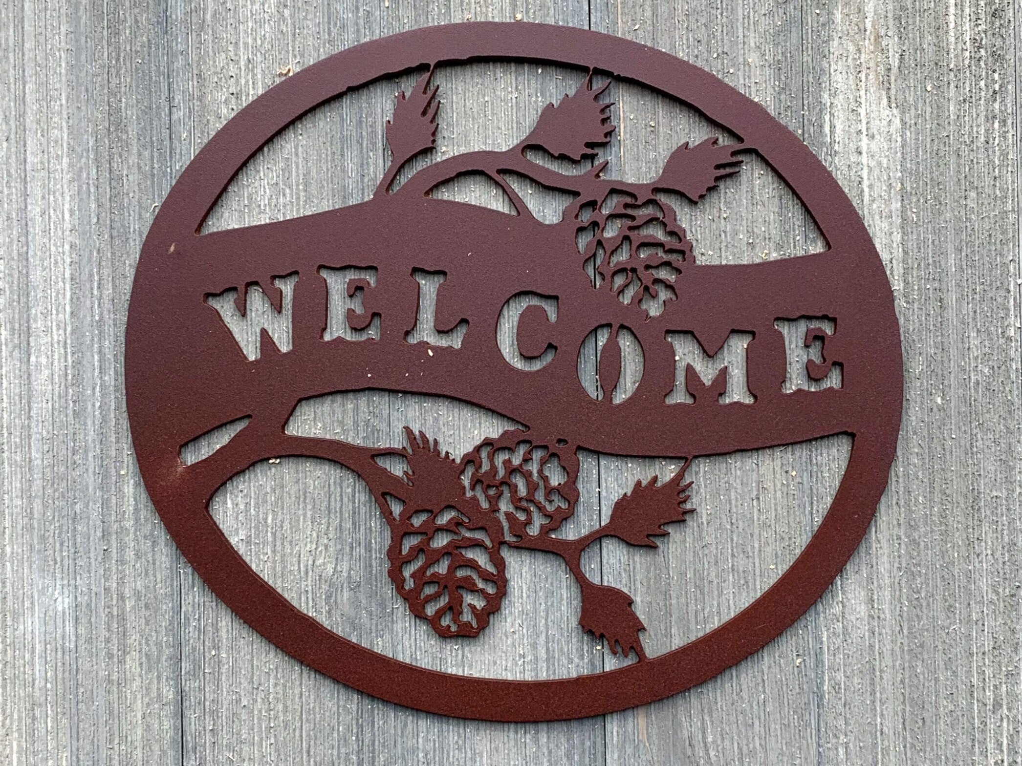 Welcome- Pinecone Metal Sign Cutout - Welcome to the Woods Powder Coated Metal Wall Art - Nature Inspired Home Decor