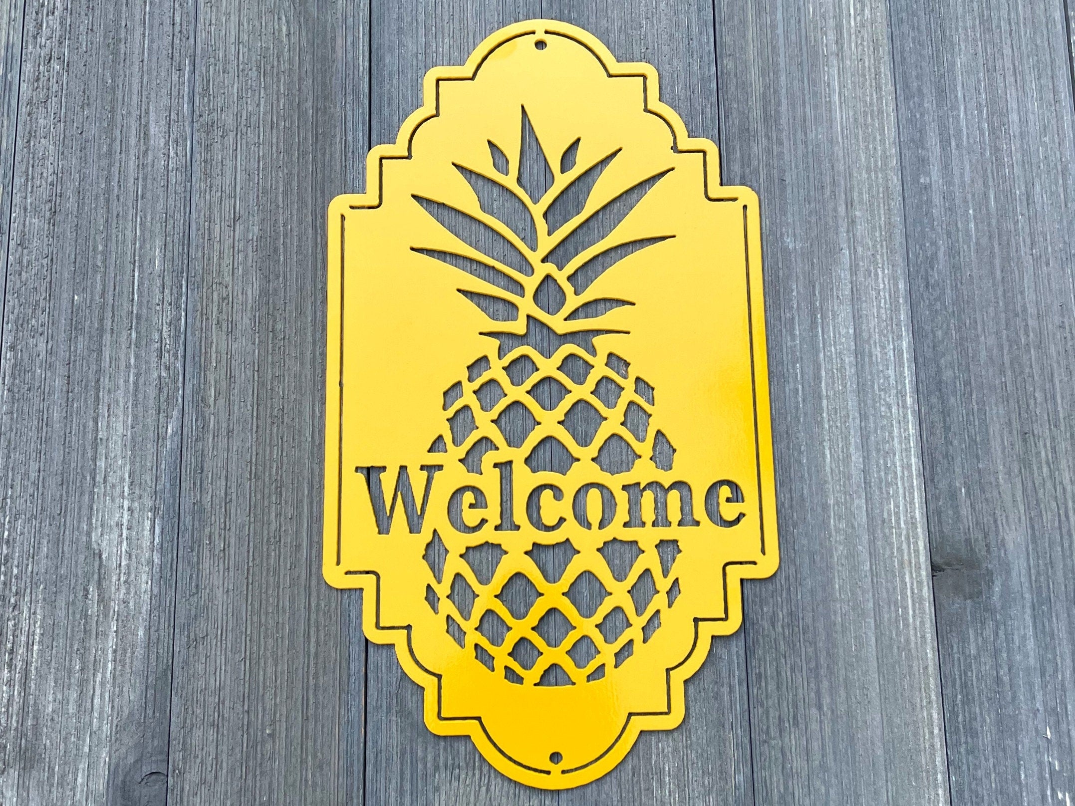 Pineapple Welcome Metal Sign Cutout - Tropical Welcome Sign - Powder Coated Metal - Pineapple Design