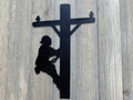 Lineman Metal Sign Cutout - Lineman Climbing Power Pole -Telephone Pole - Powder Coated Metal Sign - Unique Home or Business Decor
