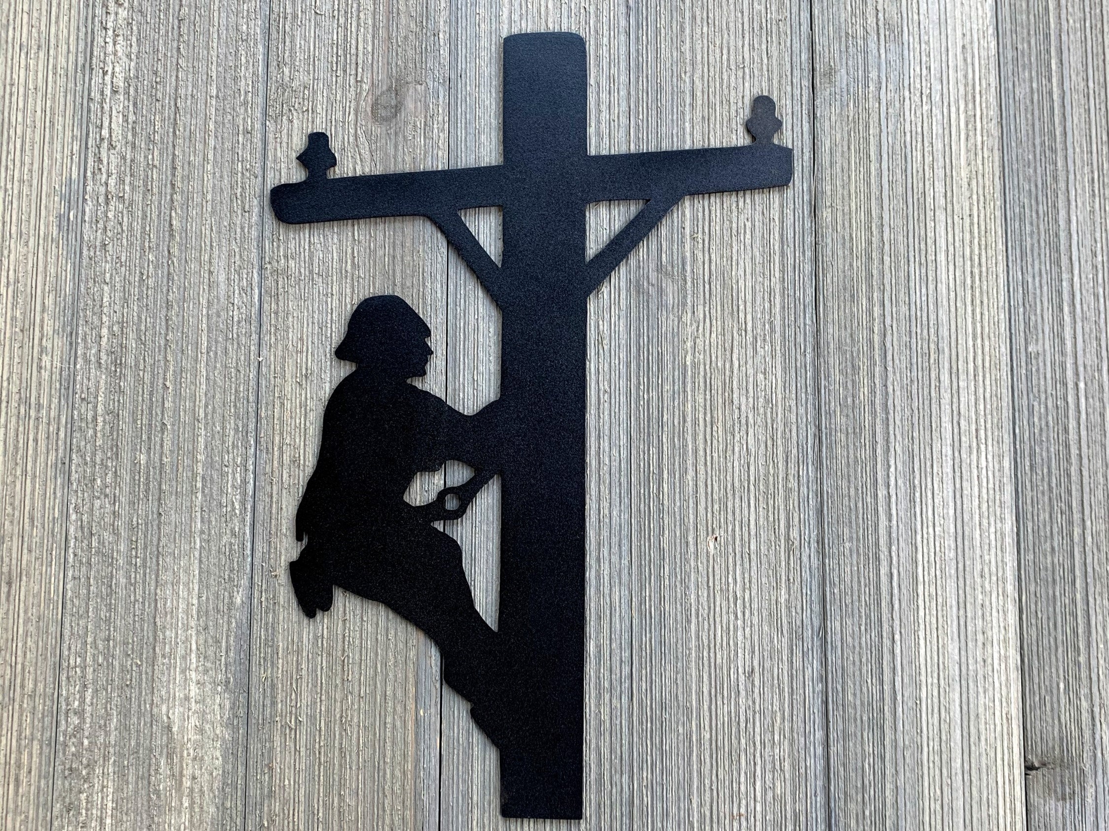 Lineman Metal Sign Cutout - Lineman Climbing Power Pole -Telephone Pole - Powder Coated Metal Sign - Unique Home or Business Decor