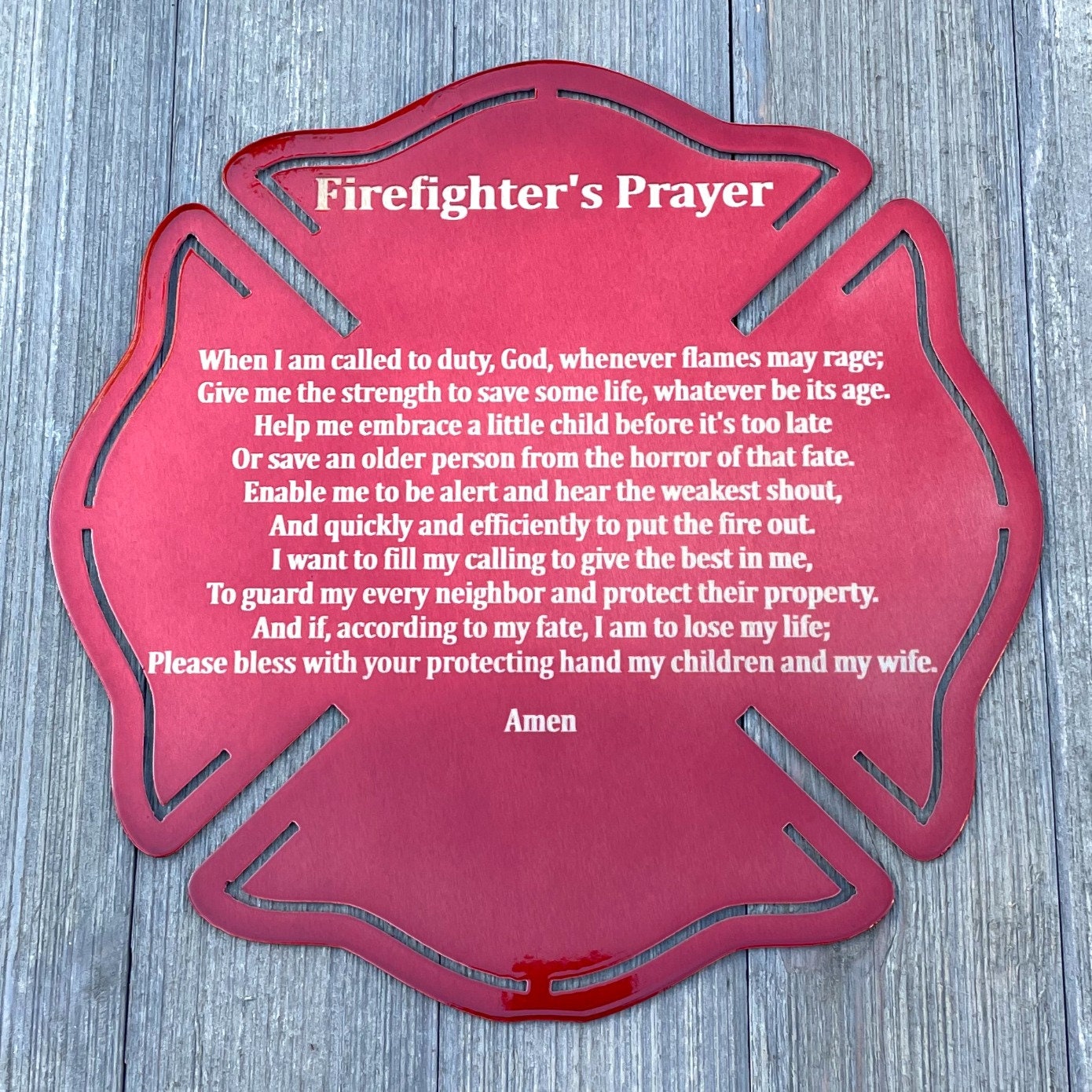Engraved Firefighters Prayer Metal Maltese Flag - Honoring the Bravery of Firefighters - Powder Coated For Durability - Firefighter Gift