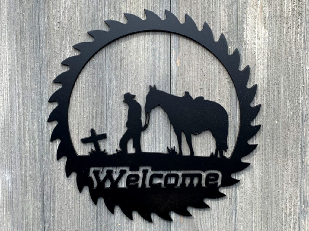 Praying Cowboy Metal Sign Cutout - Cowboy's Final Rest: Praying at Grave with Horse Metal Wall Art Sign