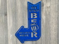 Ice Cold Beer Served Here Metal Sign Cutout - Metal Sign for Home Bar: "Ice Cold Beer Served Here" with Arrow Design