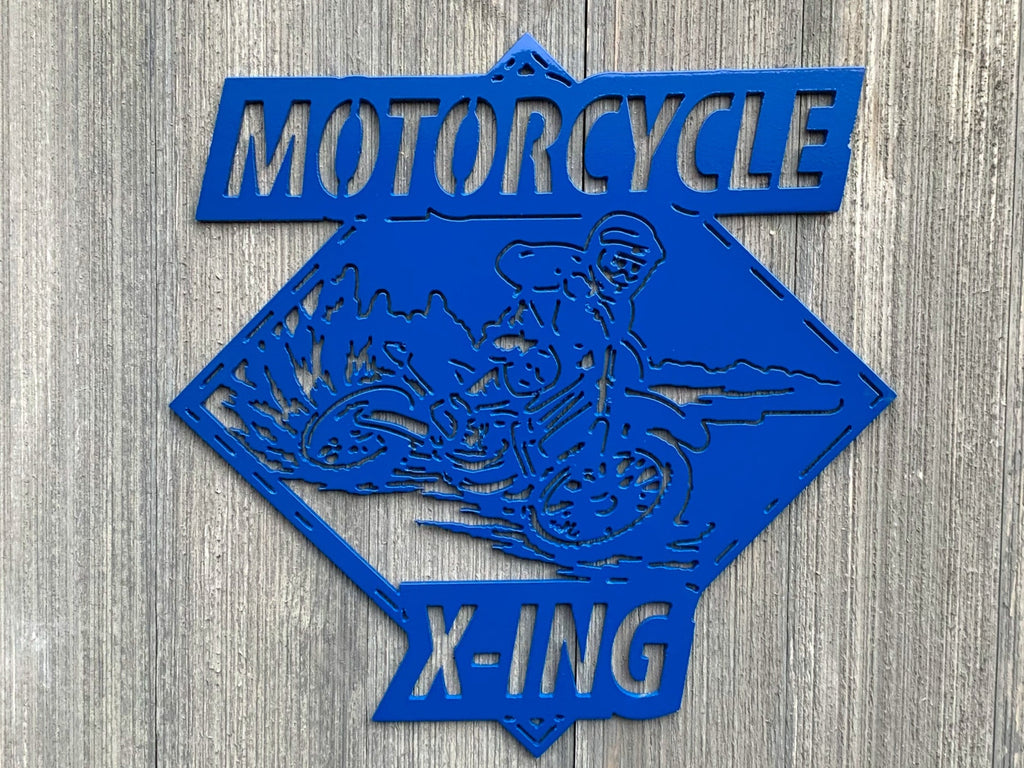 Motorcycle X-Ing Metal Sign Cutout - Powder Coated Metal Dirtbike Rider Sign - A Must-Have for Any Off-Road Enthusiast!