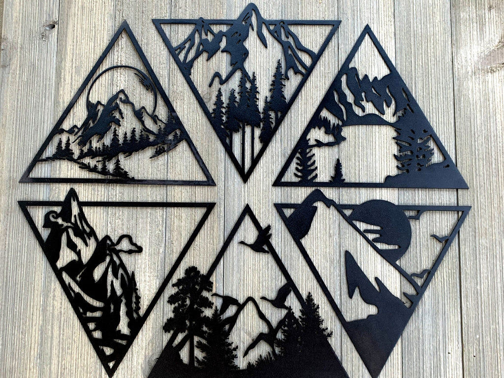 Mountain Scene Array Metal Sign Cutout - Experience the Great Outdoors At Home: Powder Coated Array With Mountains, Trees, Lakes, and More