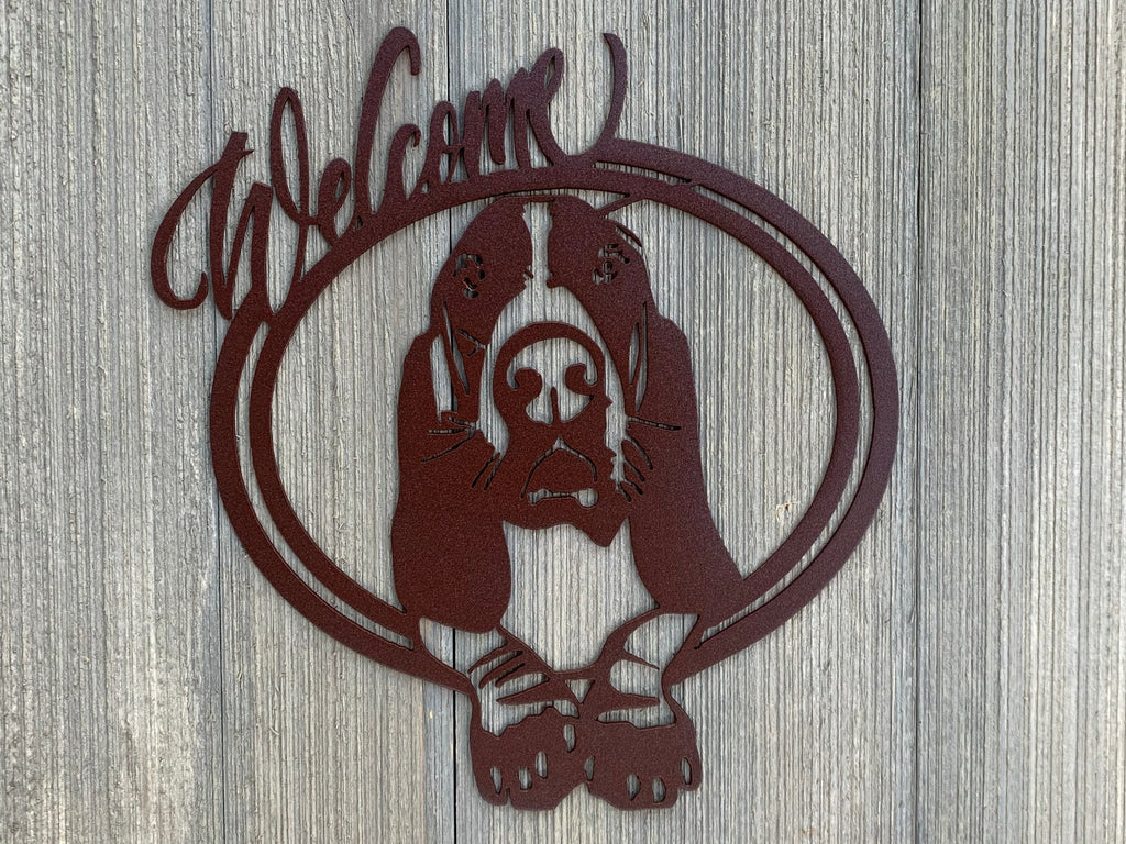Basset Hound Welcome Sign - Welcome Basset Hound Powder Coated Metal Wall Art - Dog Lover Home Decor