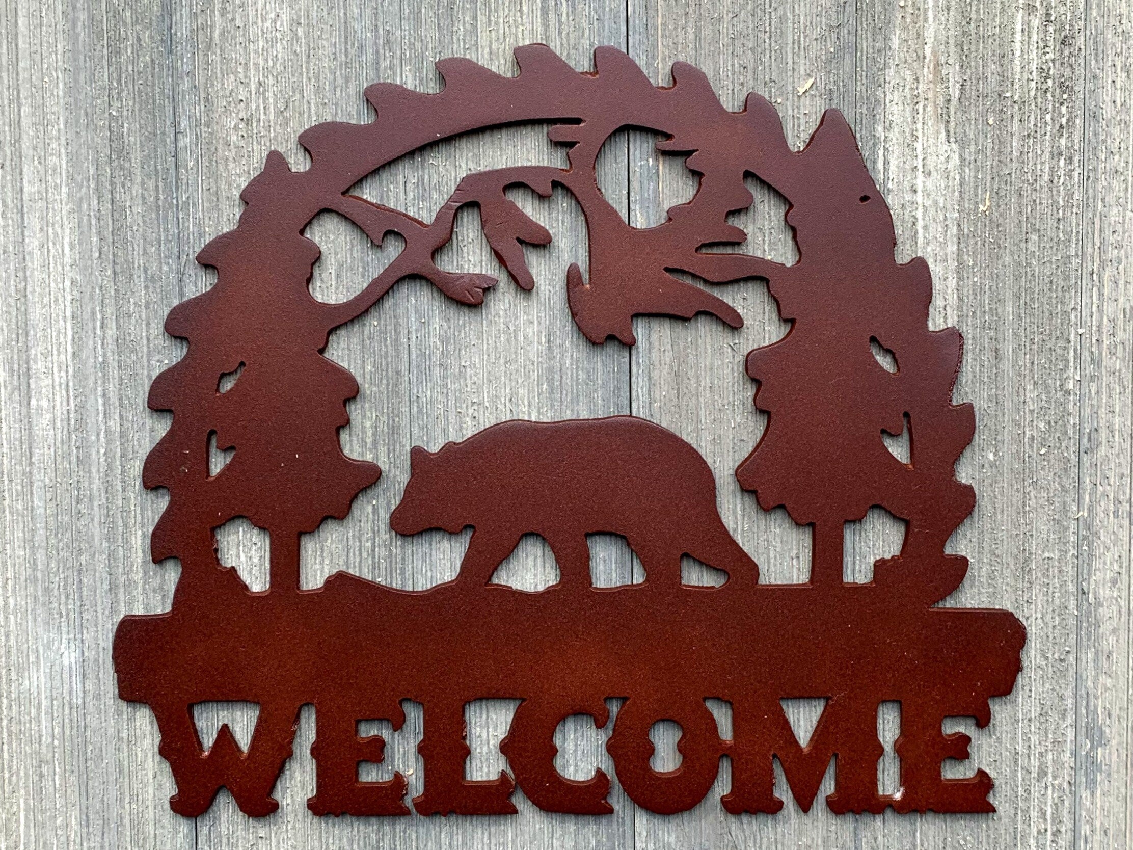 Bear Welcome Sign Metal Sign Cutout - Welcome to the Mountains Powder Coated Metal Wall Art - Nature Inspired Home Decor