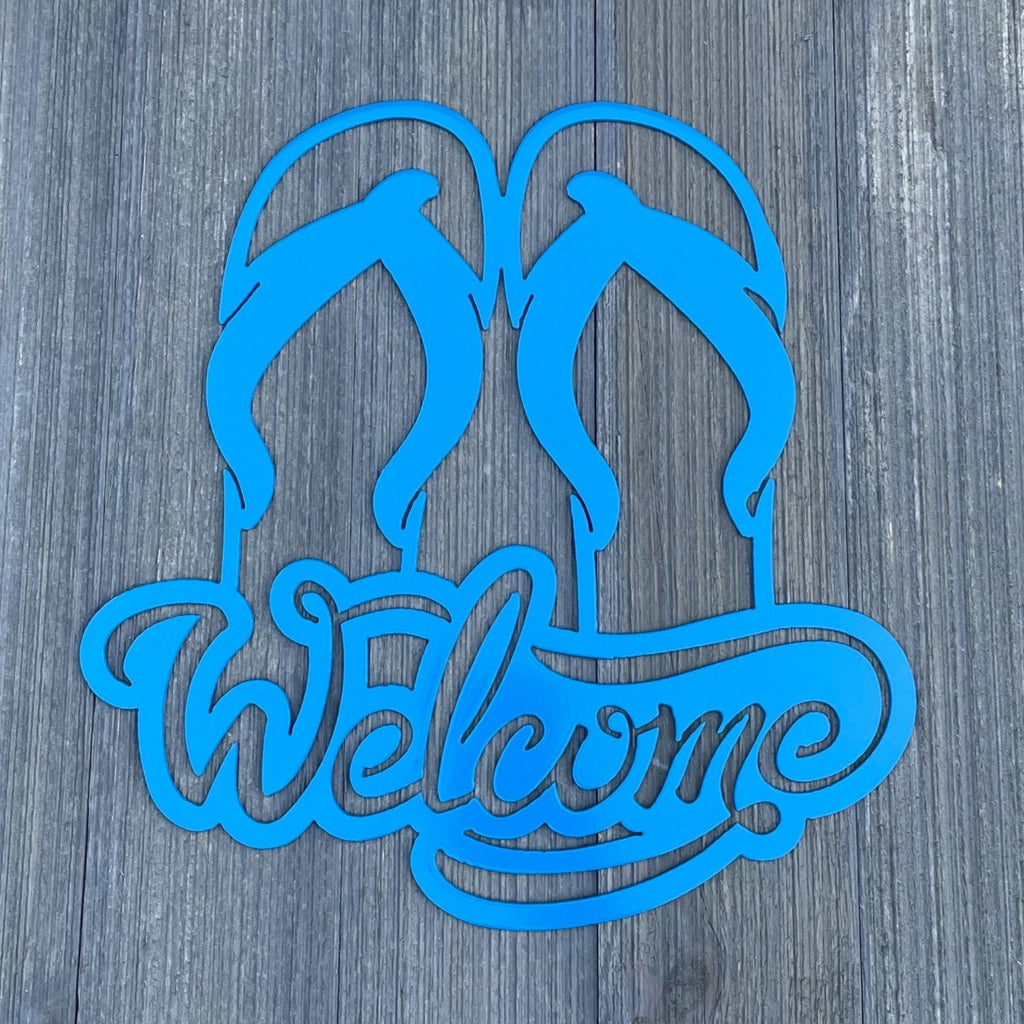Welcome Flip Flops: Coastal Metal Sign for Beachy Hospitality, Pool Welcome Sign