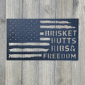 Tattered Flag BBQ: Brisket, Butts, Ribs, and Freedom Metal Sign - Perfect Gift For The Smoking Enthusiast