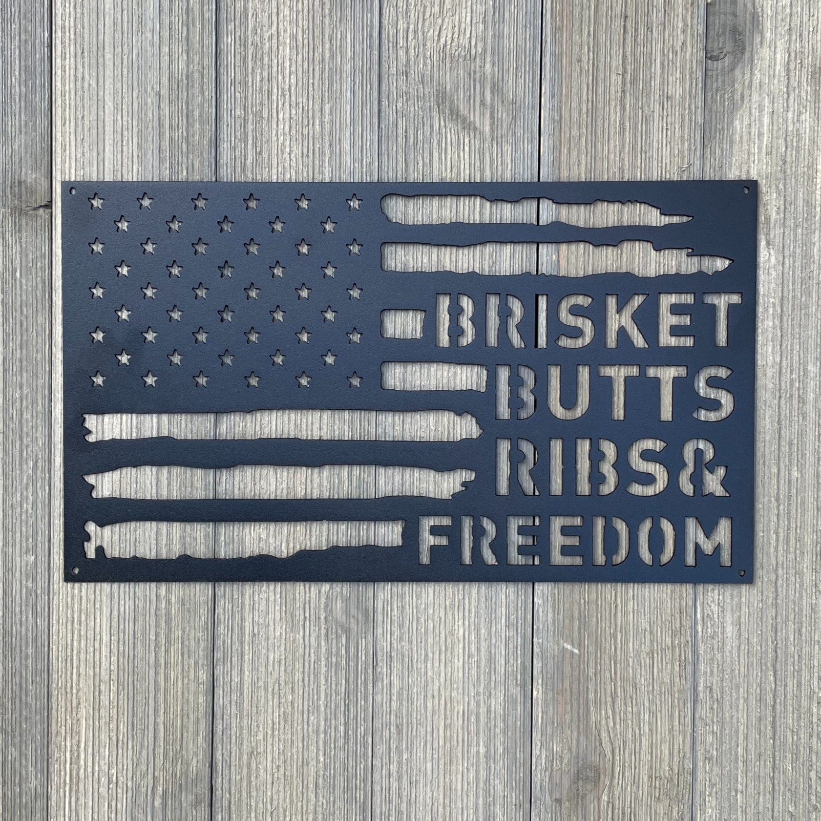 Tattered Flag BBQ: Brisket, Butts, Ribs, and Freedom Metal Sign - Perfect Gift For The Smoking Enthusiast