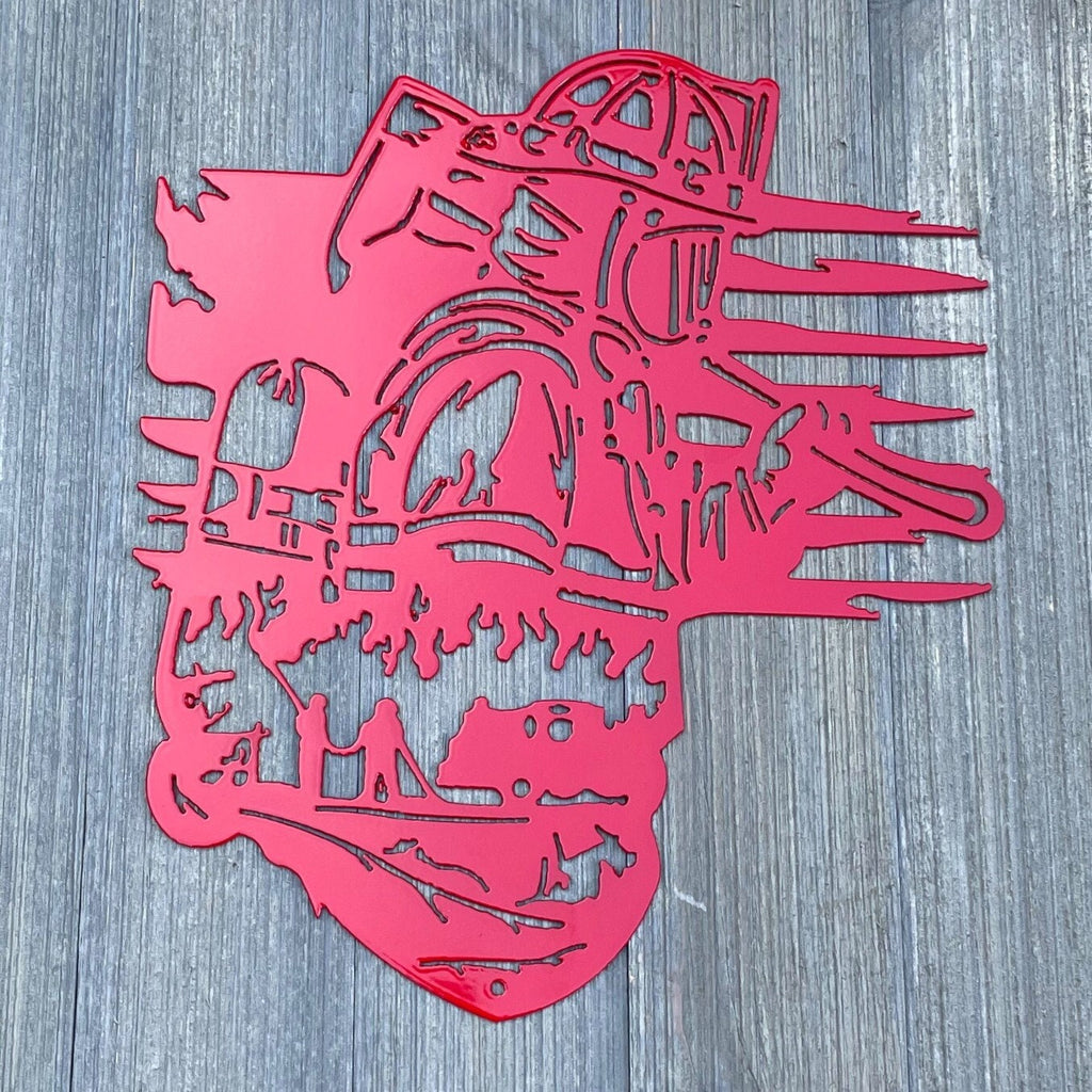 Firefighter with Tattered Flag Metal Sign Cutout