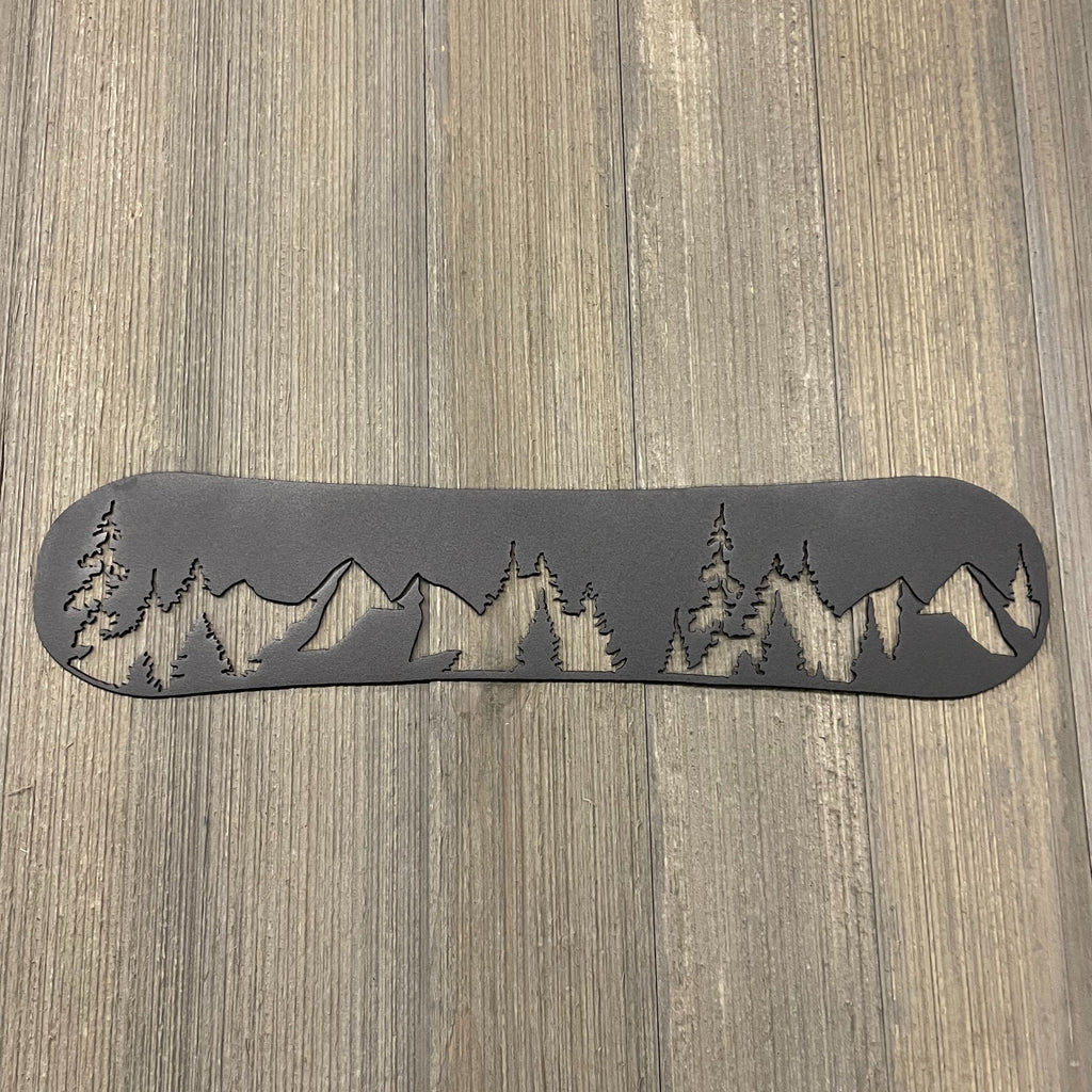 Metal Snowboard with Mountain Treeline Sign And Mountain Silhouette