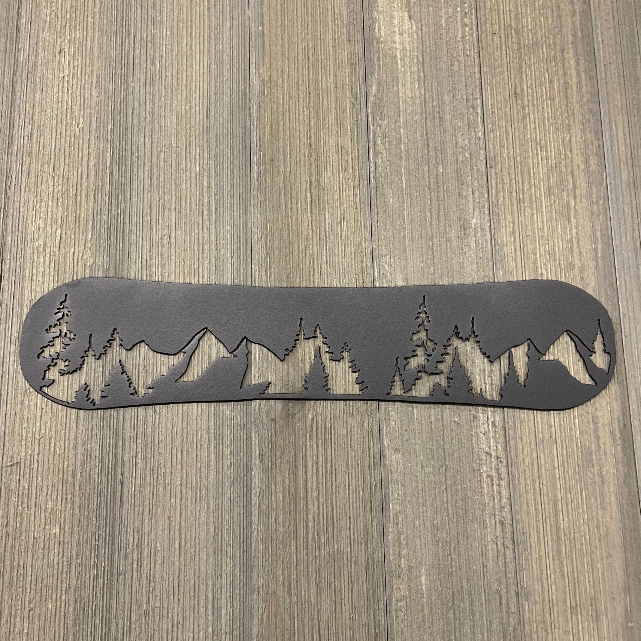 Metal Snowboard with Mountain Treeline Sign And Mountain Silhouette