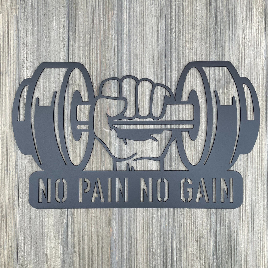 No Pain, No Gain: Metal Sign with Weightlifting Hand Motif – Inspirational Fitness Decor