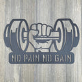 No Pain, No Gain: Metal Sign with Weightlifting Hand Motif – Inspirational Fitness Decor