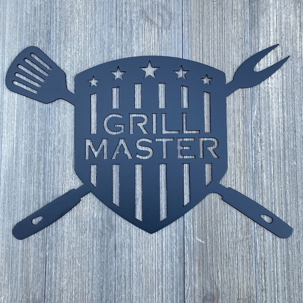 Grill Master Deluxe: Metal Sign with Grill Cutout, Spatula, and Tongs – Ultimate BBQ Decor
