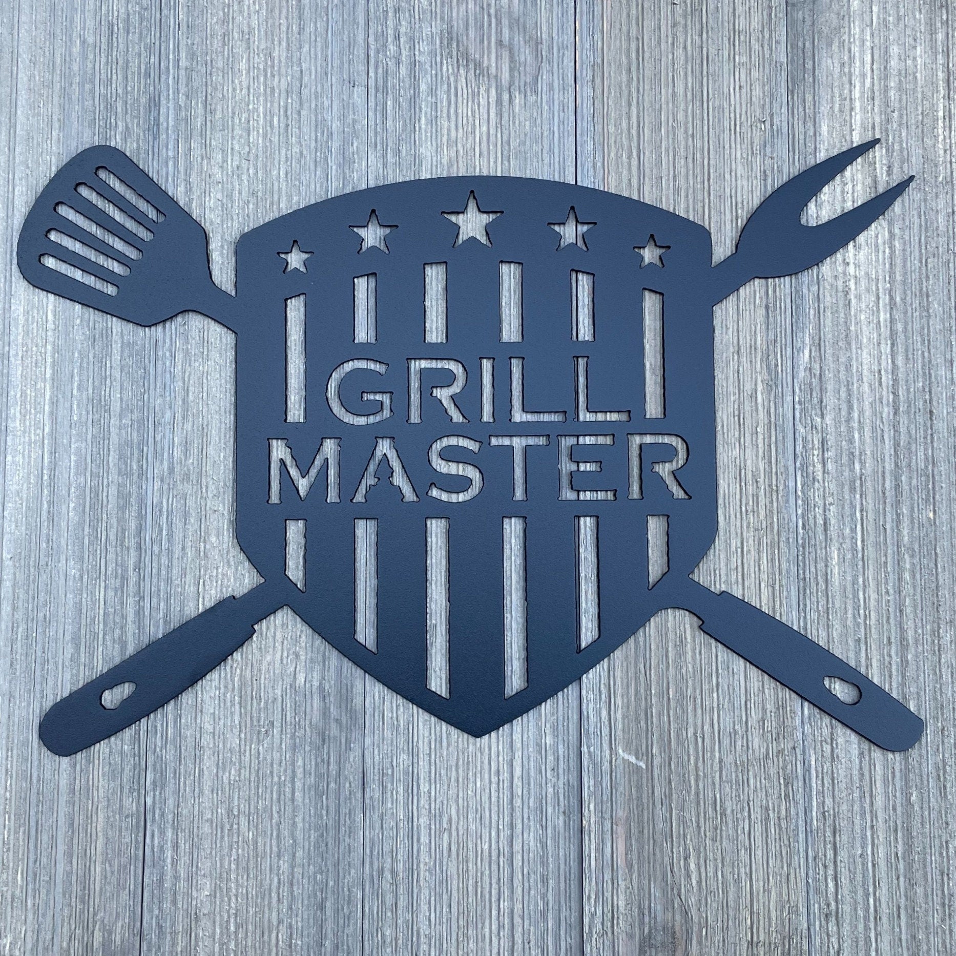 Grill Master Deluxe: Metal Sign with Grill Cutout, Spatula, and Tongs – Ultimate BBQ Decor