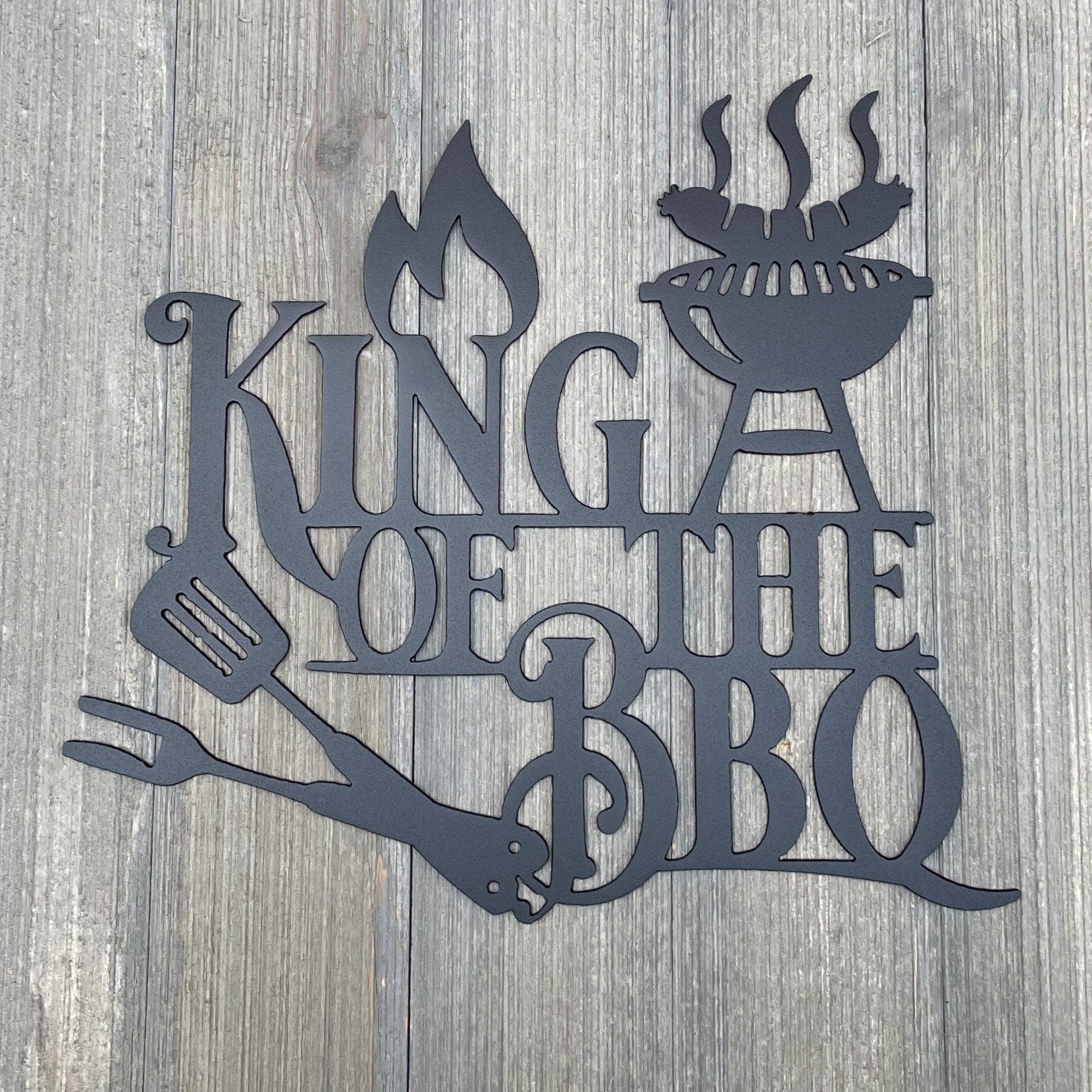 King of the BBQ: Metal Sign with Grill Cutout and Utensil Accents – Premium Grill Master Decor