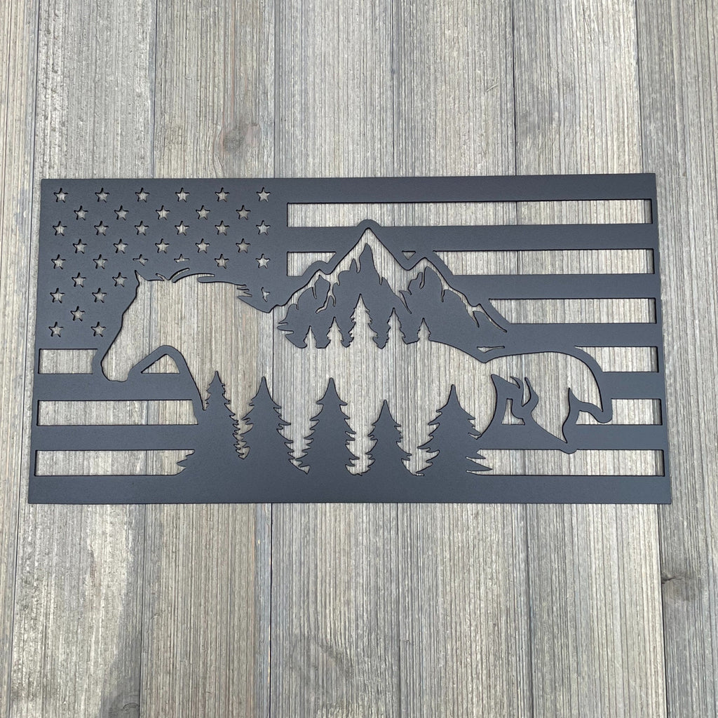 Freedom in Motion: American Flag with Horse Metal Sign Cutout