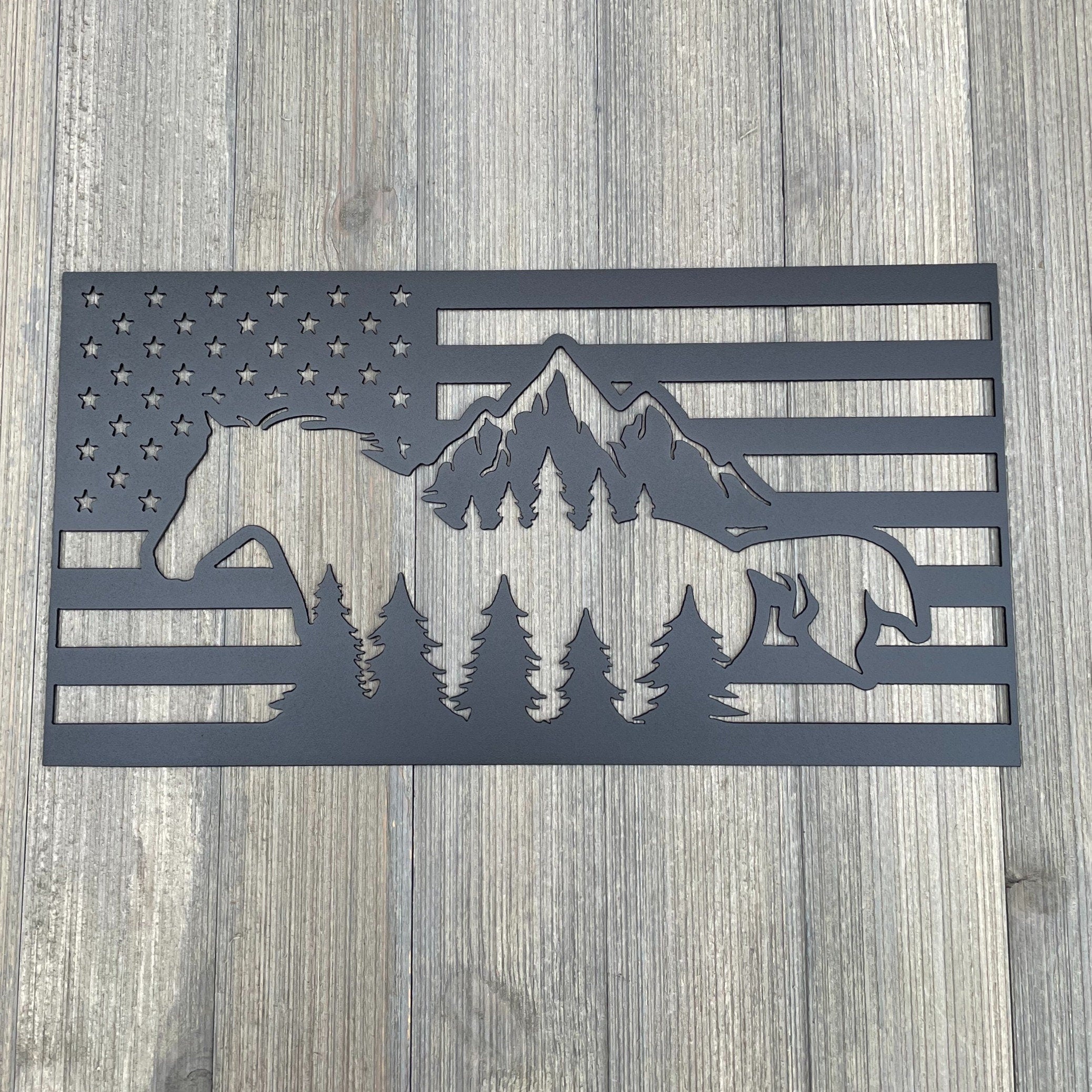 Freedom in Motion: American Flag with Horse Metal Sign Cutout