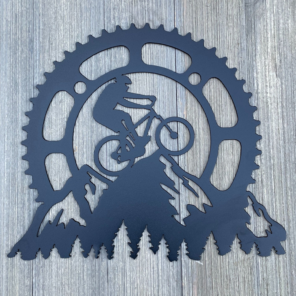 Mountain Bike Scene with Bike Gear and Mountain Silhouette Metal Sign Cutout