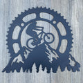 Mountain Bike Scene with Bike Gear and Mountain Silhouette Metal Sign Cutout