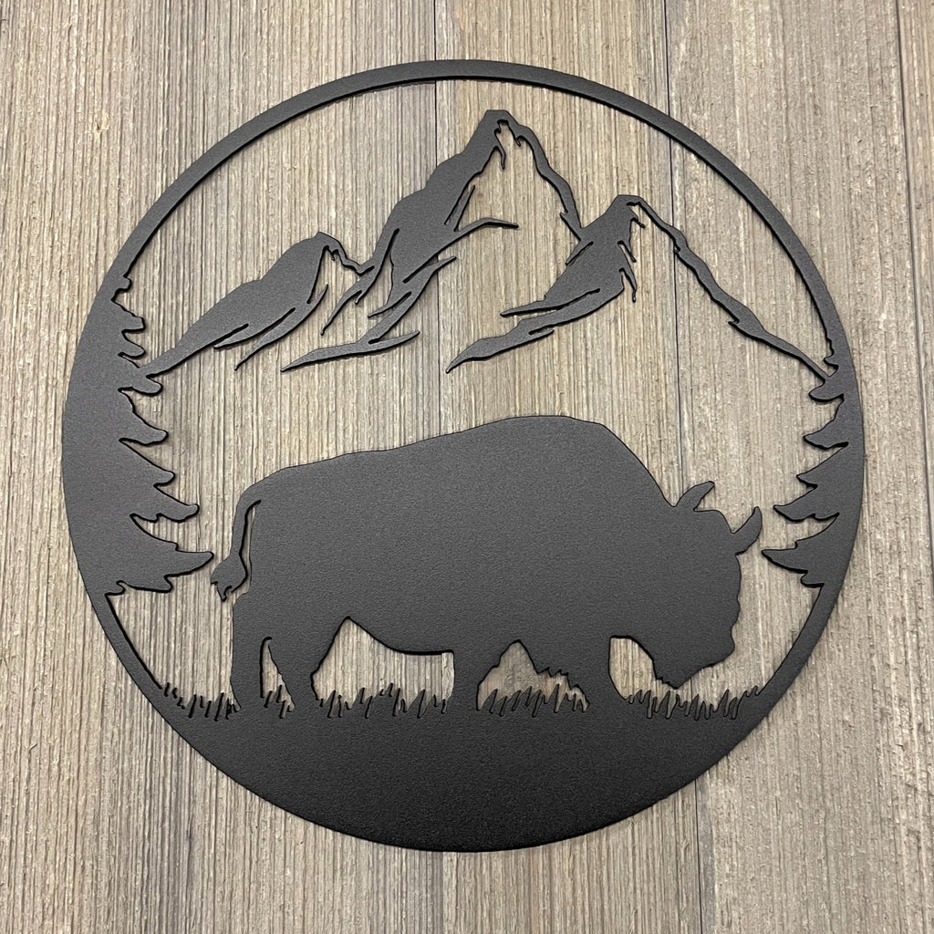 Rustic Buffalo Scene Metal Sign Cutout - Bison on The Prairie With Mountain Backdrop
