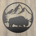 Rustic Buffalo Scene Metal Sign Cutout - Bison on The Prairie With Mountain Backdrop