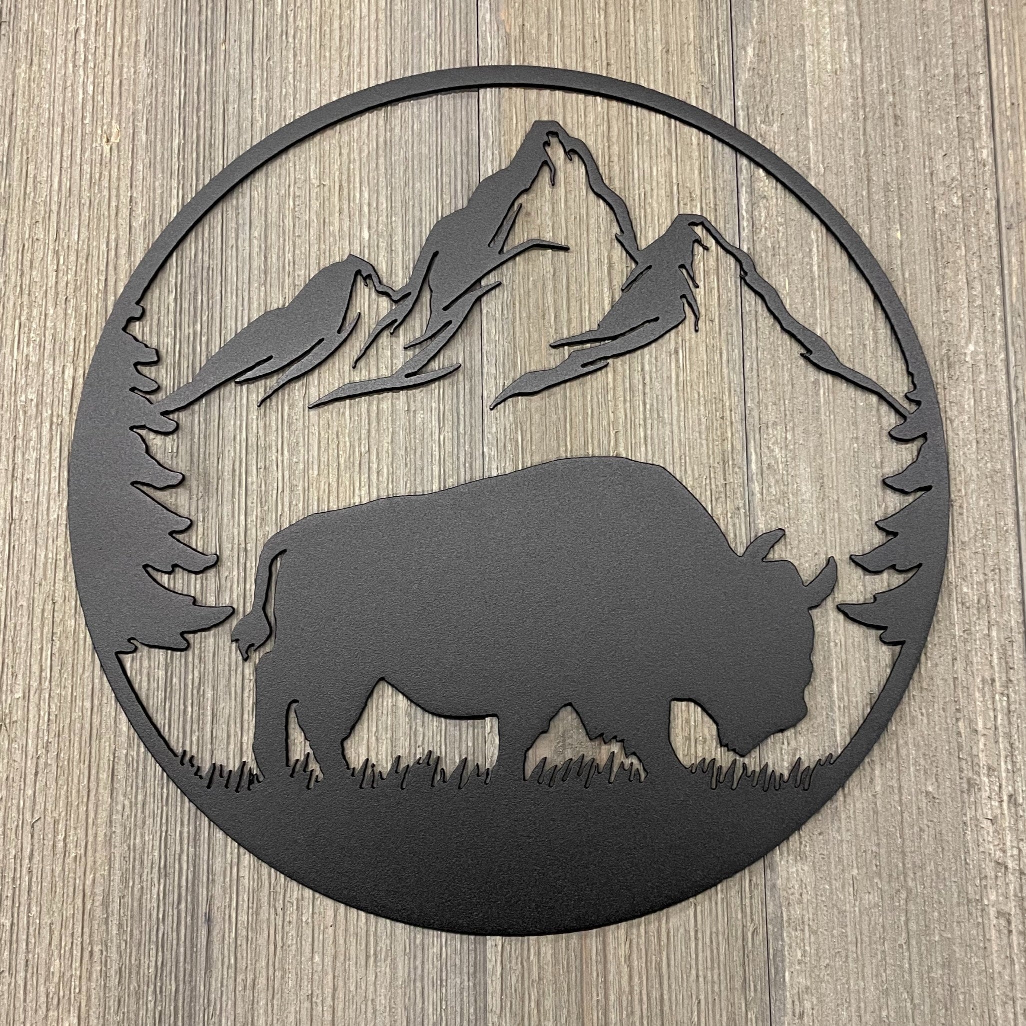 Rustic Buffalo Scene Metal Sign Cutout - Bison on The Prairie With Mountain Backdrop