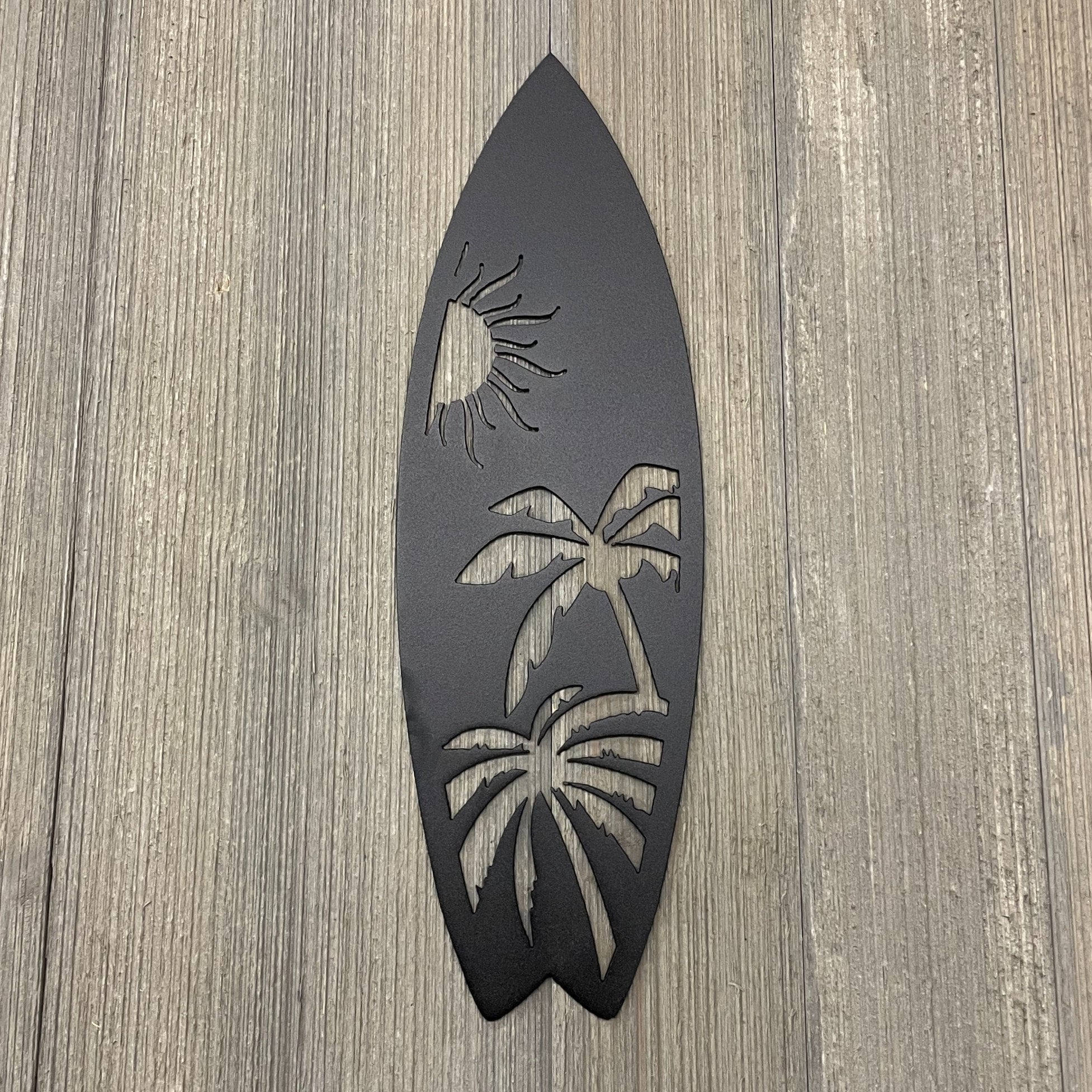 Tropical Vibes: Metal Surfboard Sign with Palm Trees Paradise