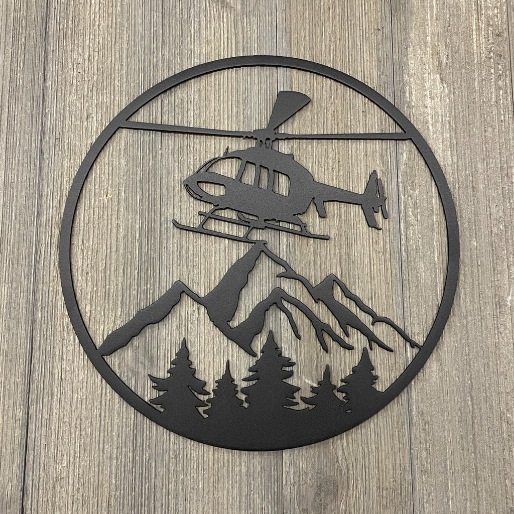 Metal Helicopter Over Forest Scenic Sign