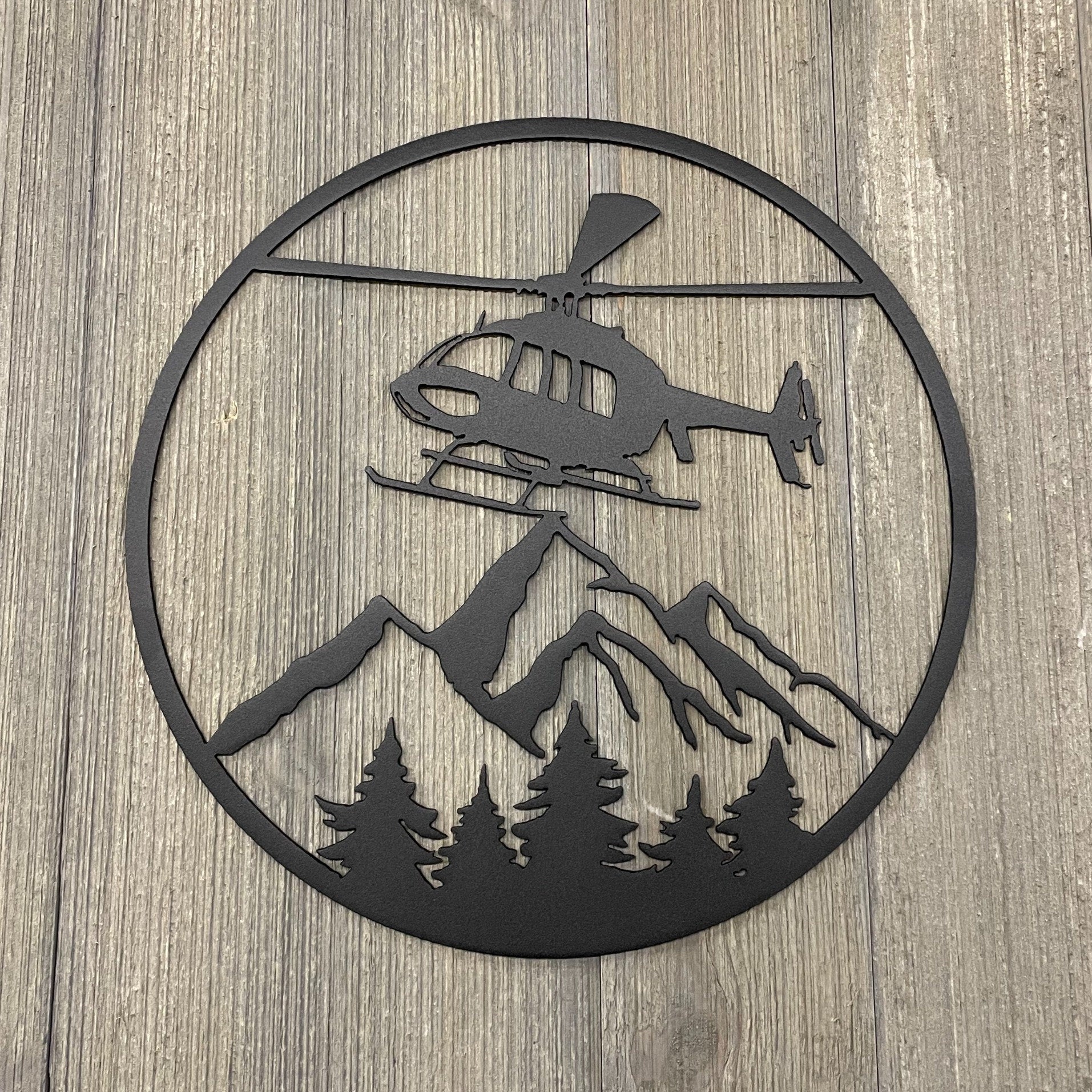 Metal Helicopter Over Forest Scenic Sign