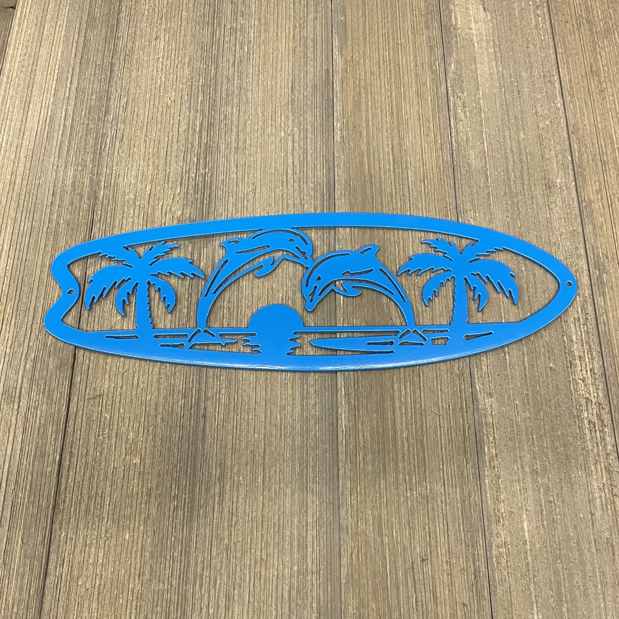 Metal Surfboard with Dolphin Ocean Scene Sign