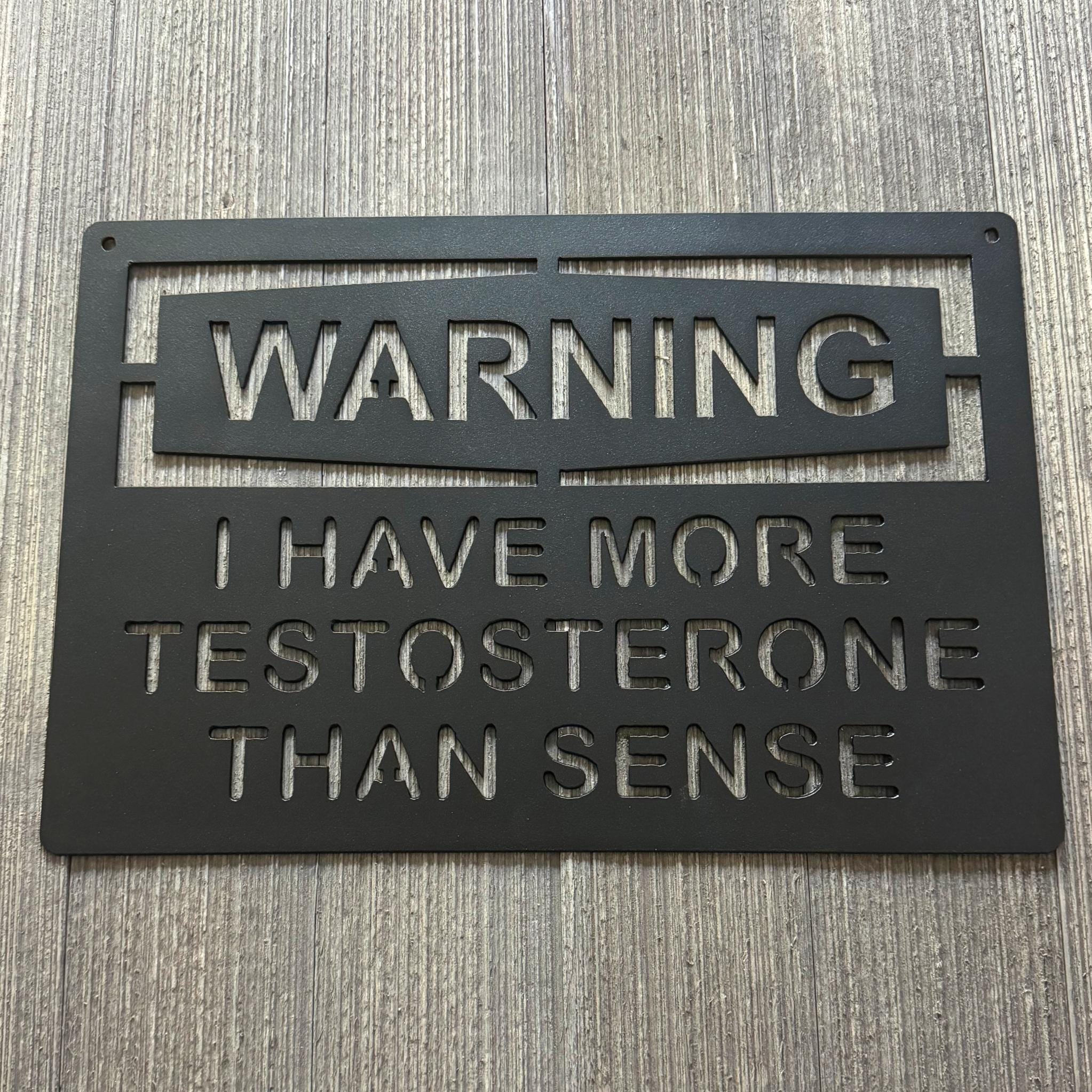 Warning: I Have More Testosterone Than Sense Metal Sign Cutout- Humorous 16 Gauge Steel Decor - Gift for Him