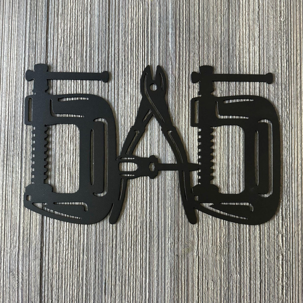 Dad Tools Metal Sign - Unique Tool-Inspired Design with C Clamp, Screwdriver, and Pliers - Gift for Dad, Grandpa - Shop Decor