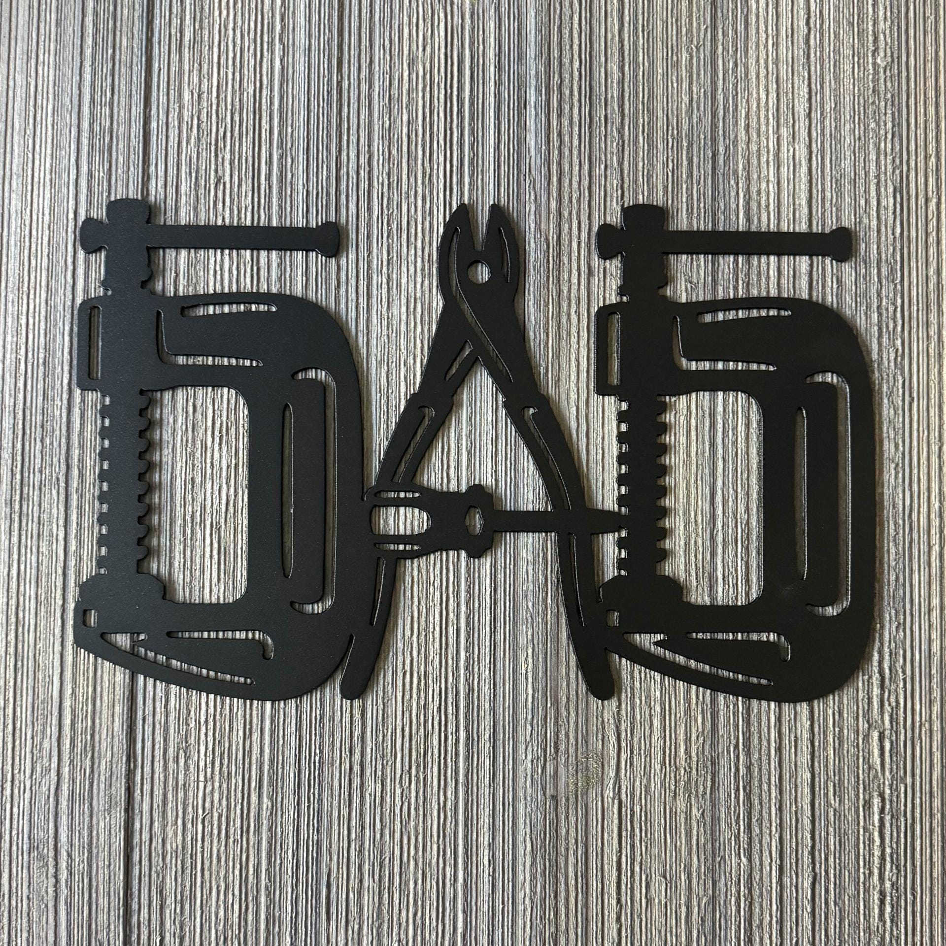 Dad Tools Metal Sign - Unique Tool-Inspired Design with C Clamp, Screwdriver, and Pliers - Gift for Dad, Grandpa - Shop Decor