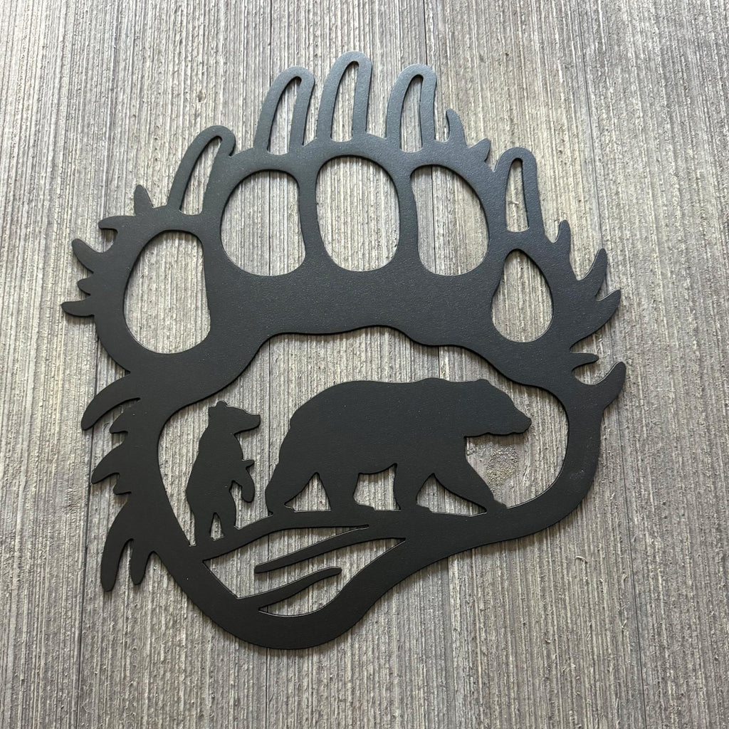 Bear Paw with Bear and Cub Metal Sign Cutout - Nature-Inspired Wildlife Wall Art