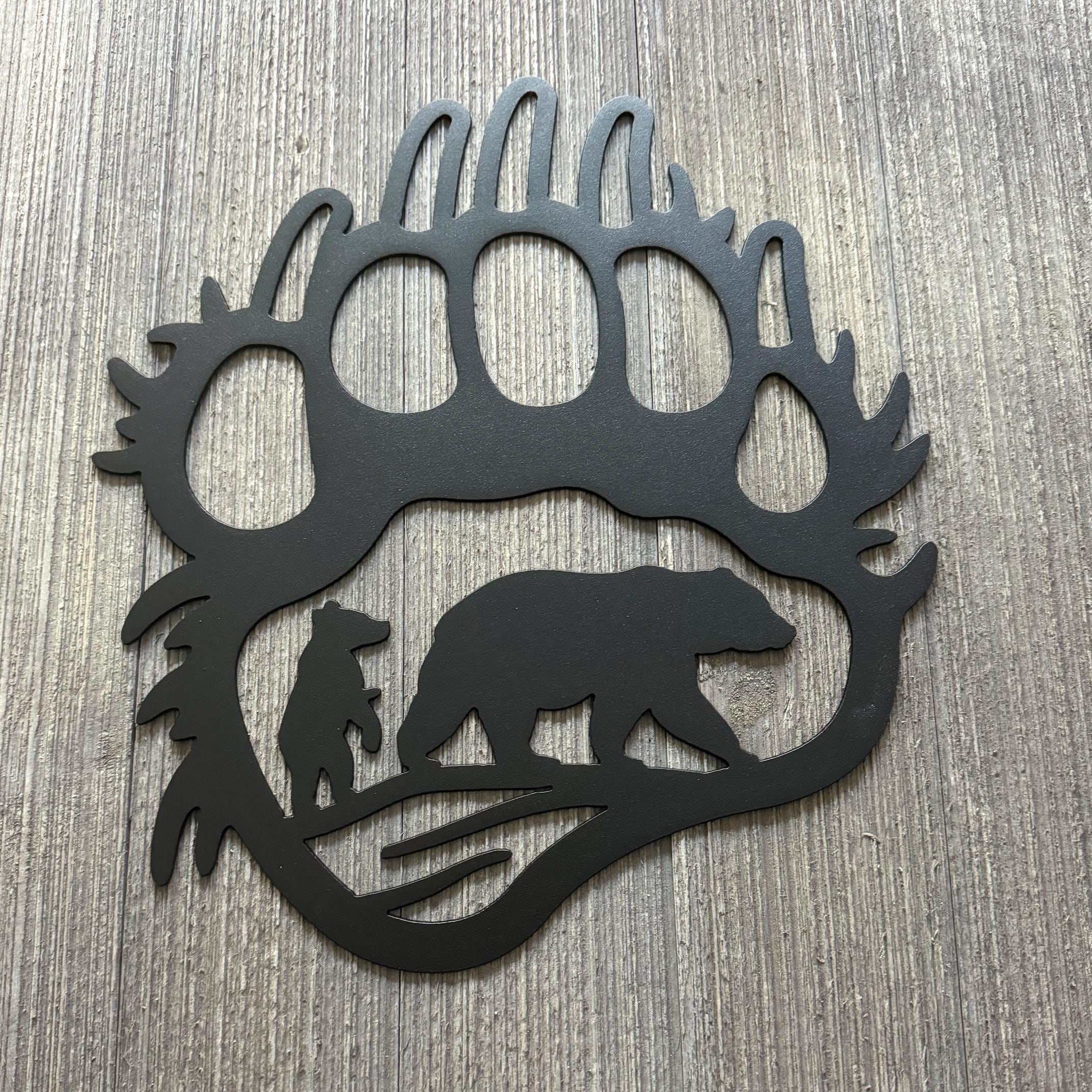 Bear Paw with Bear and Cub Metal Sign Cutout - Nature-Inspired Wildlife Wall Art