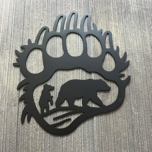 Bear Paw with Bear and Cub Metal Sign Cutout - Nature-Inspired Wildlife Wall Art