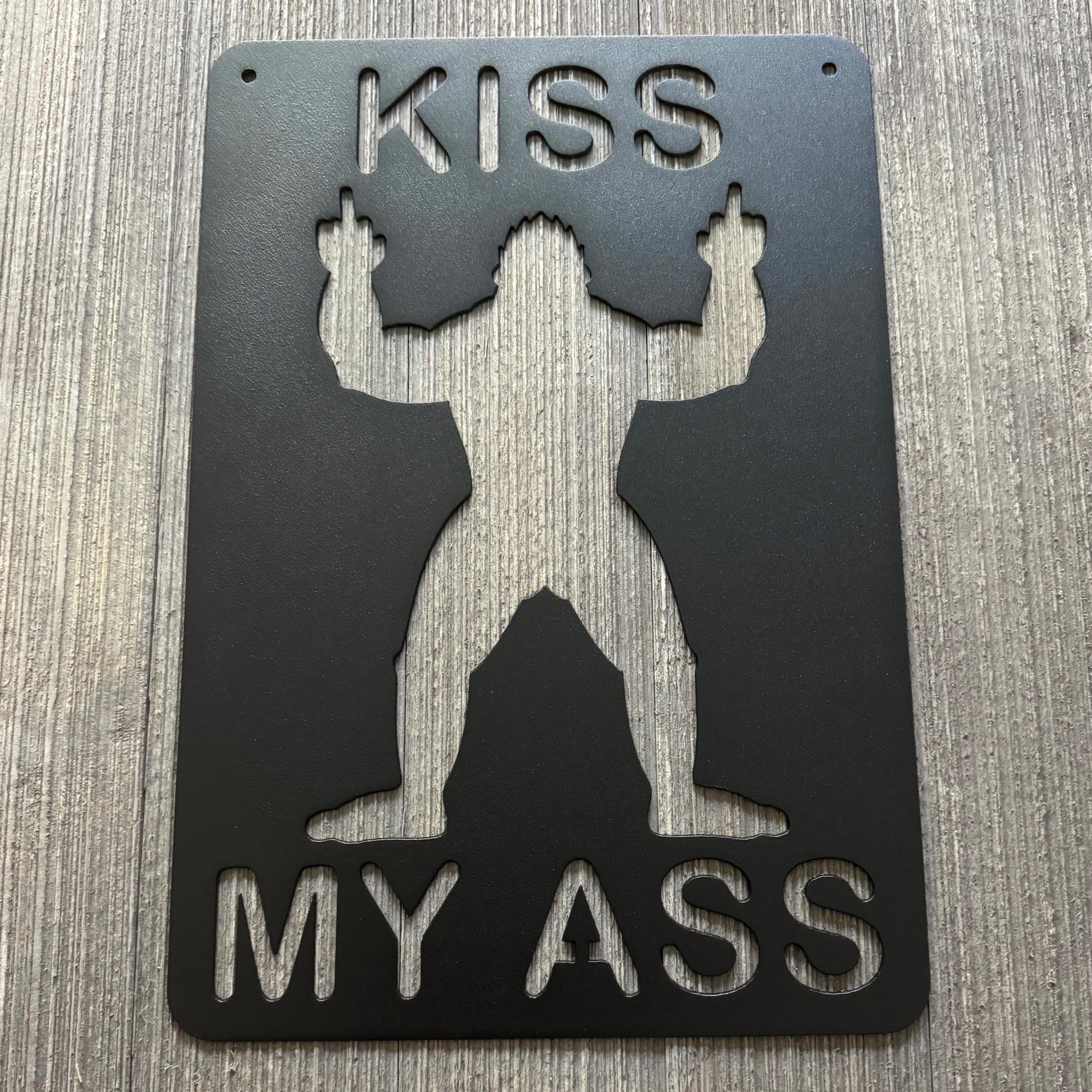 Bigfoot Flipping the Bird Metal Sign - Humorous "Kiss My Ass" Wall Decor