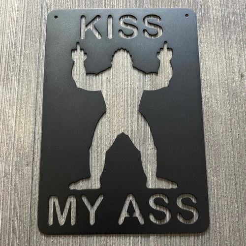 Bigfoot Flipping the Bird Metal Sign - Humorous "Kiss My Ass" Wall Decor