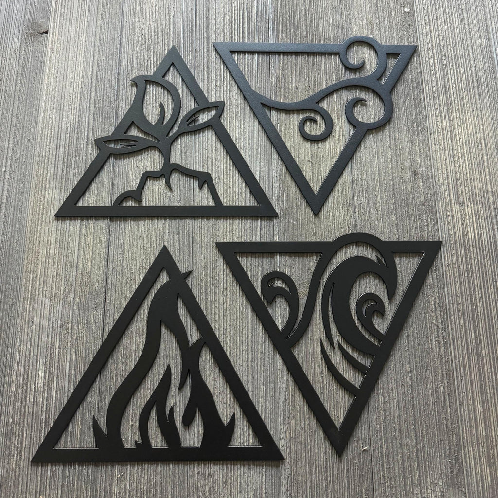 4-Piece Elemental Metal Sign Cutout Set - Earth, Wind, Fire, Water Triangle Design