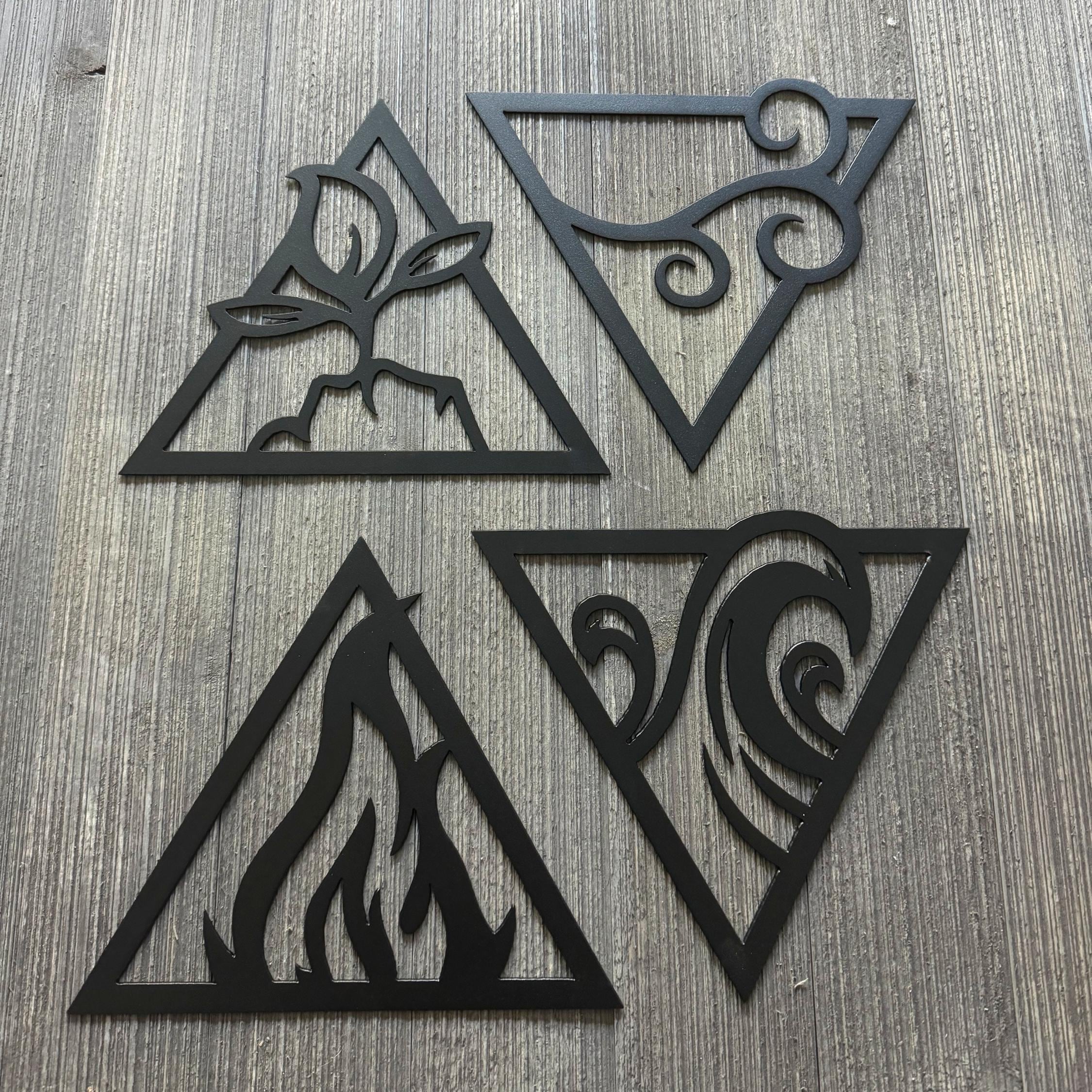 4-Piece Elemental Metal Sign Cutout Set - Earth, Wind, Fire, Water Triangle Design