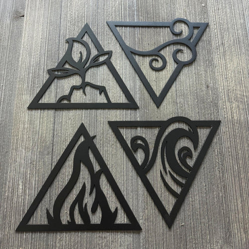 4-Piece Elemental Metal Sign Cutout Set - Earth, Wind, Fire, Water Triangle Design