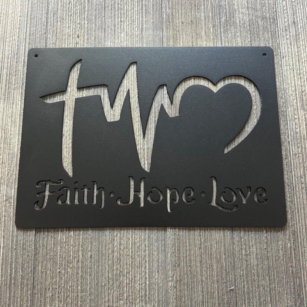 Faith Hope Love Metal Sign Cutout - Cross, Heartbeat, and Heart Design