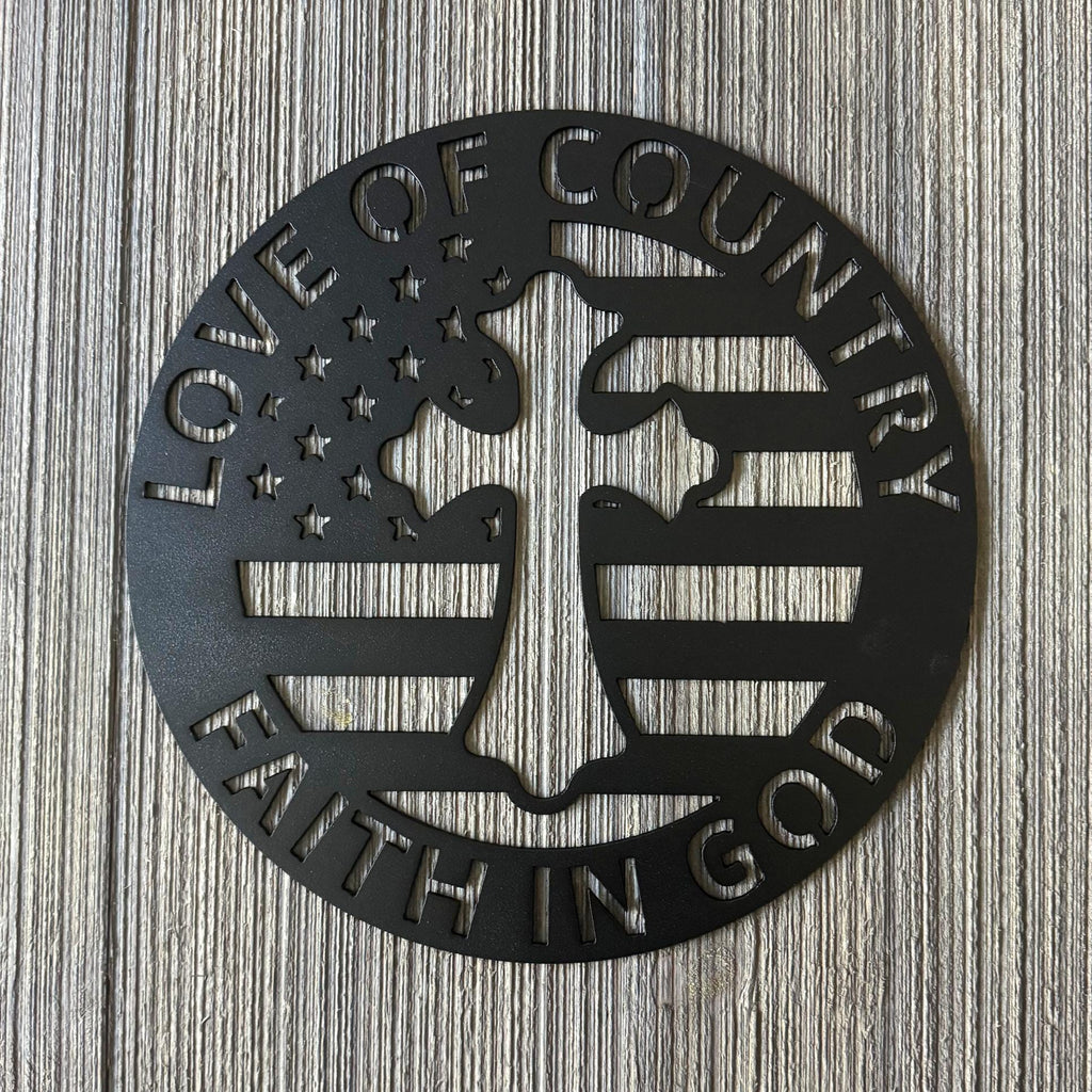 Love of Country, Faith in God Metal Sign Cutout - U.S. Flag and Cross Design