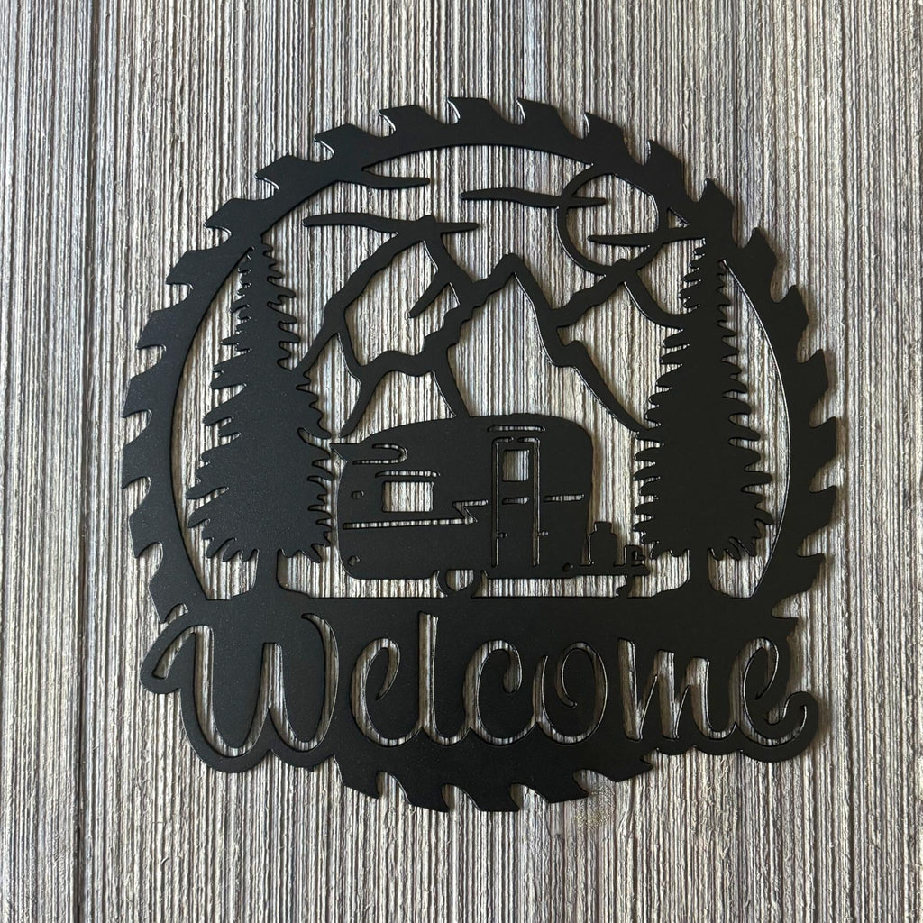 Welcome Metal Sign with Camping Trailer in the Woods - Rustic Outdoor Decor - Cute Camper